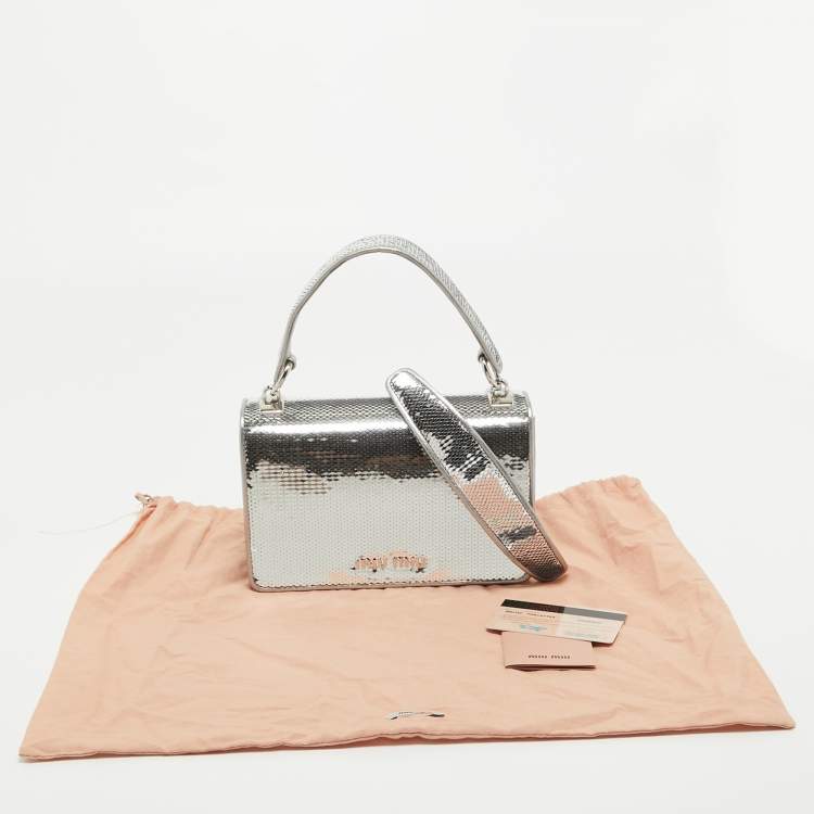 Pre Owned Miu Miu Silver Sequin and Leather Chain Top Handle Bag