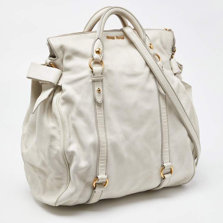 Pre Owned Miu Miu White Leather Fold Over Bow Bag