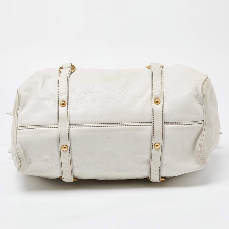 Pre Owned Miu Miu White Leather Fold Over Bow Bag