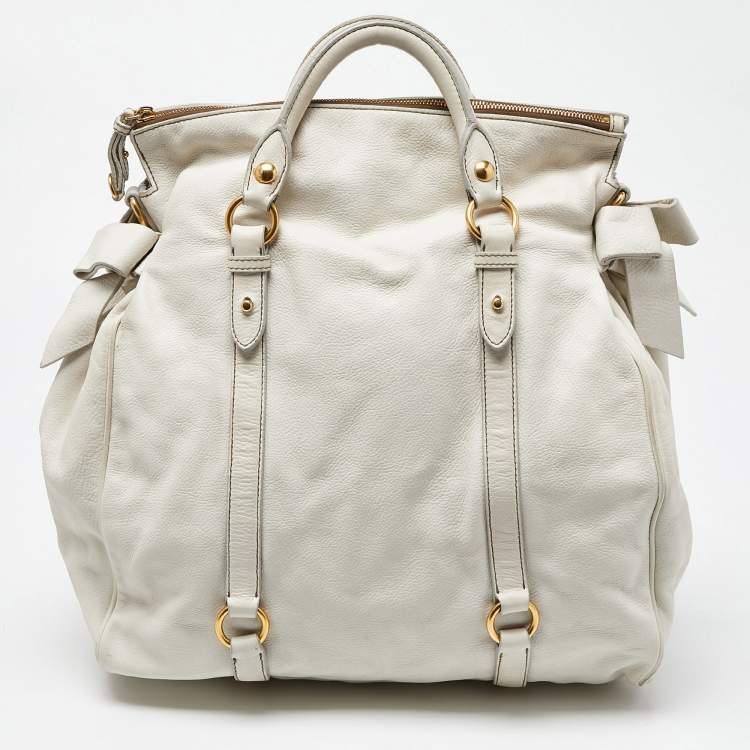 Pre Owned Miu Miu White Leather Fold Over Bow Bag