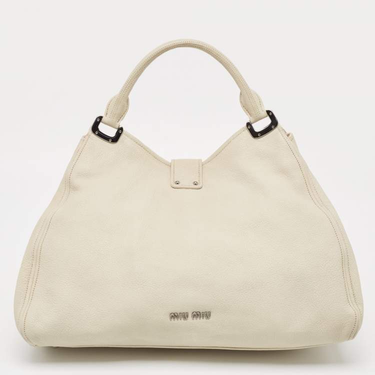 Pre Owned Miu Miu Off White Leather Pushlock Flap Top Handle Bag