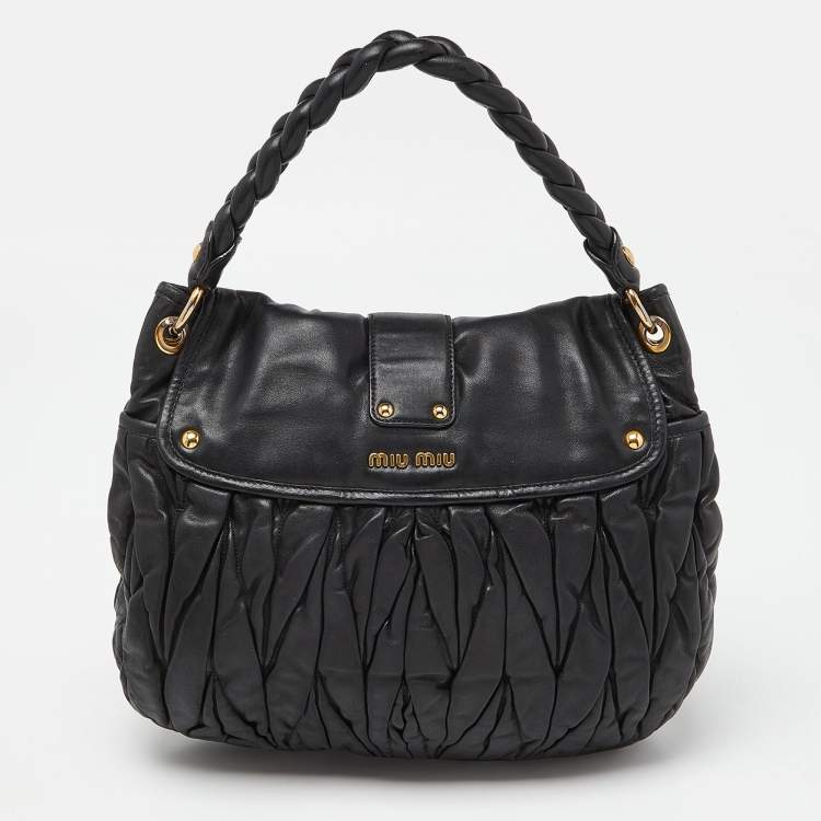 Pre Owned Miu Miu Black Matelassé Leather Coffer Hobo