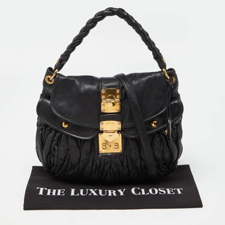 Pre Owned Miu Miu Black Matelassé Leather Coffer Hobo