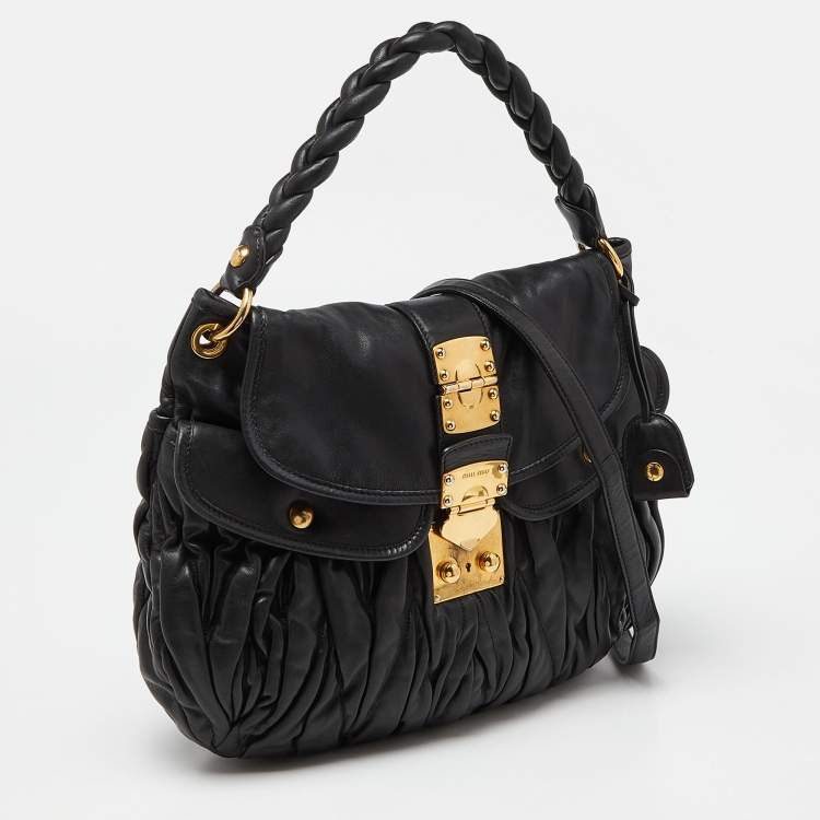 Pre Owned Miu Miu Black Matelassé Leather Coffer Hobo