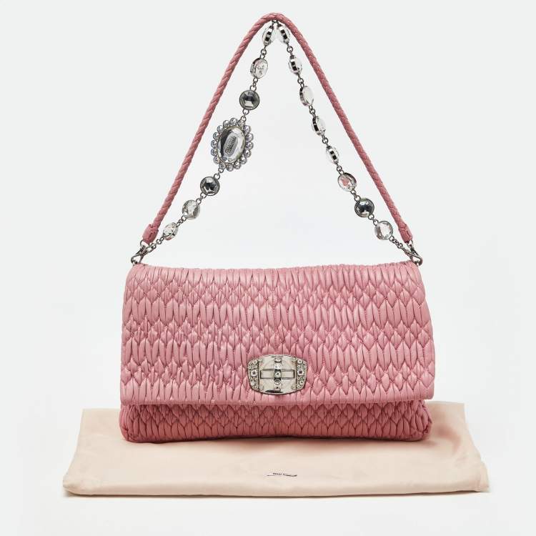 Pre Owned Miu Miu Pink Matelassé Leather Crystal Shoulder Bag