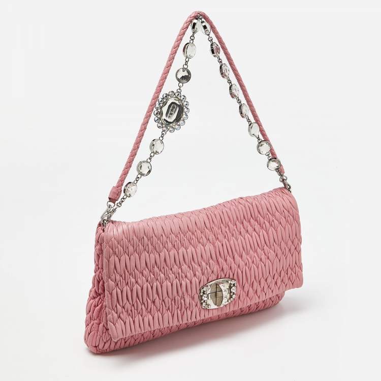 Pre Owned Miu Miu Pink Matelassé Leather Crystal Shoulder Bag
