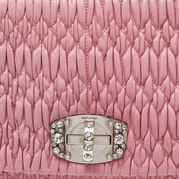 Pre Owned Miu Miu Pink Matelassé Leather Crystal Shoulder Bag