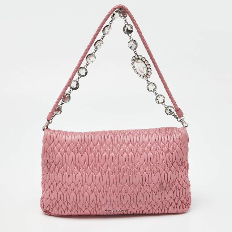 Pre Owned Miu Miu Pink Matelassé Leather Crystal Shoulder Bag
