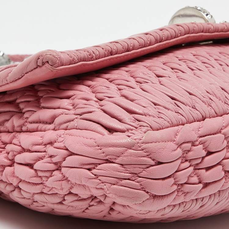 Pre Owned Miu Miu Pink Matelassé Leather Crystal Shoulder Bag