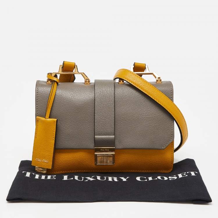 Pre Owned Miu Miu Mustard/Grey Madras Leather Bandoliera Crossbody Bag