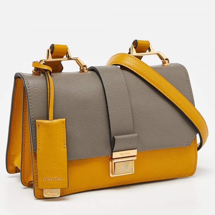Pre Owned Miu Miu Mustard/Grey Madras Leather Bandoliera Crossbody Bag