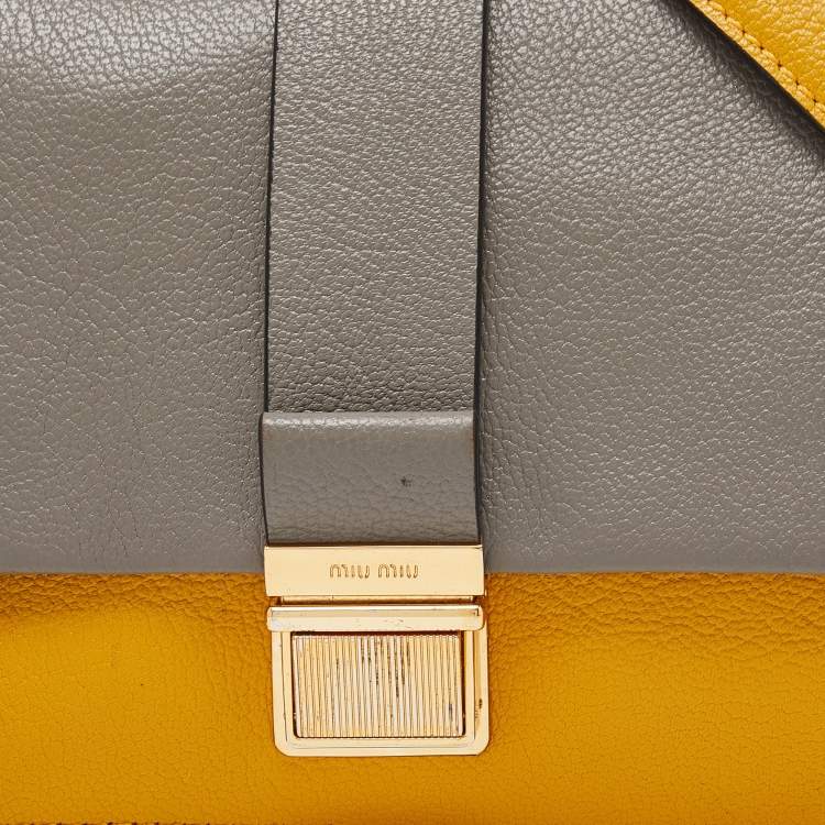 Pre Owned Miu Miu Mustard/Grey Madras Leather Bandoliera Crossbody Bag