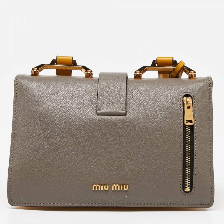Pre Owned Miu Miu Mustard/Grey Madras Leather Bandoliera Crossbody Bag