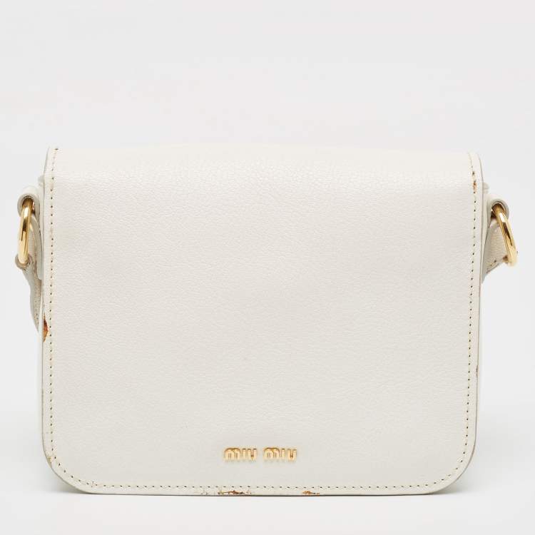 Pre Owned Miu Miu White Madras Leather Pushlock Flap Crossbody Bag