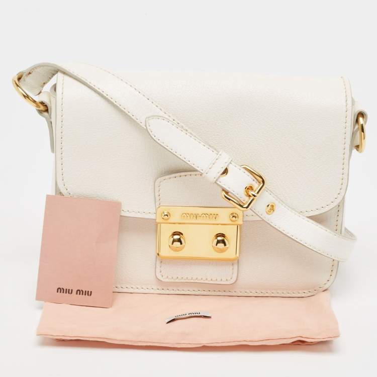 Pre Owned Miu Miu White Madras Leather Pushlock Flap Crossbody Bag