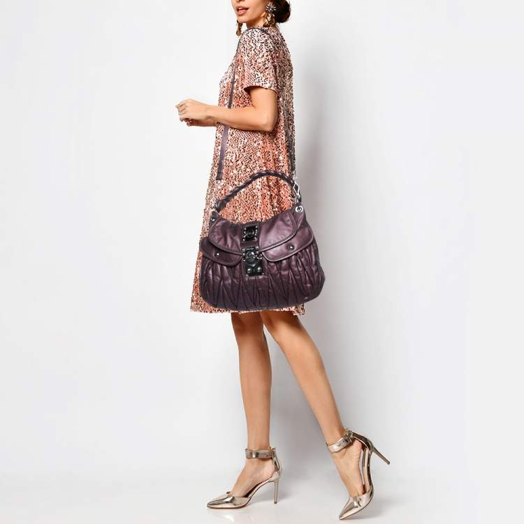 Pre Owned Miu Miu Purple Matelassé Leather Coffer Hobo