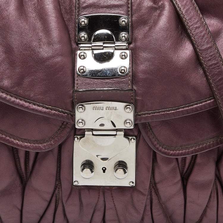 Pre Owned Miu Miu Purple Matelassé Leather Coffer Hobo
