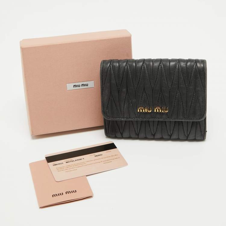 Pre Owned Miu Miu Black Matelasse Leather Flap Compact Wallet