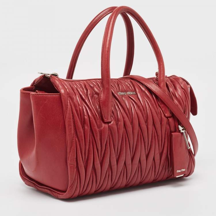 Pre Owned Miu Miu Red Matelasse Leather Top Zip Tote