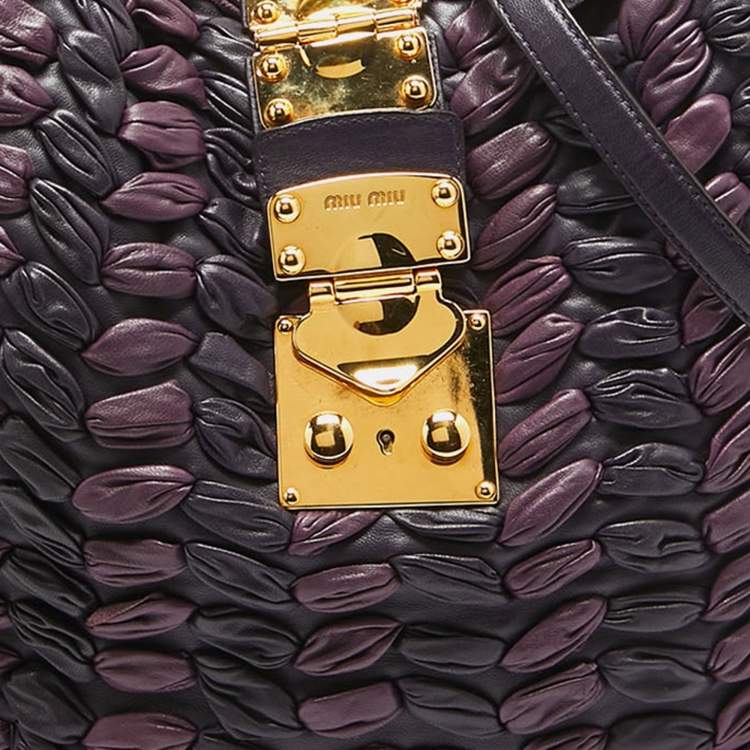 Pre Owned Miu Miu Purple/Plum Woven Leather Push Lock Flap Hobo
