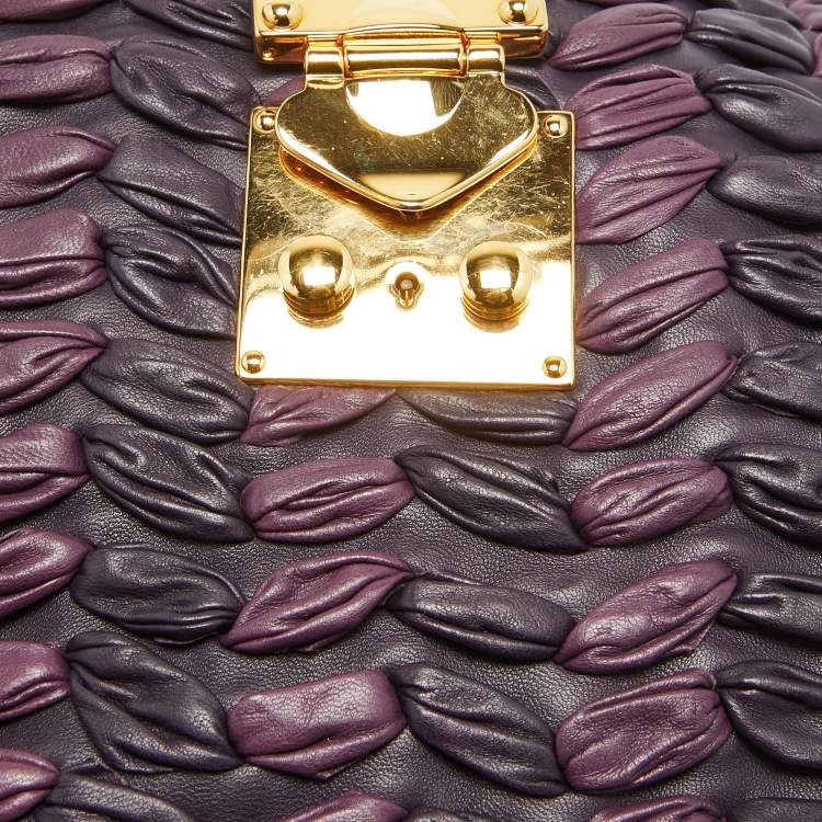 Pre Owned Miu Miu Purple/Plum Woven Leather Push Lock Flap Hobo