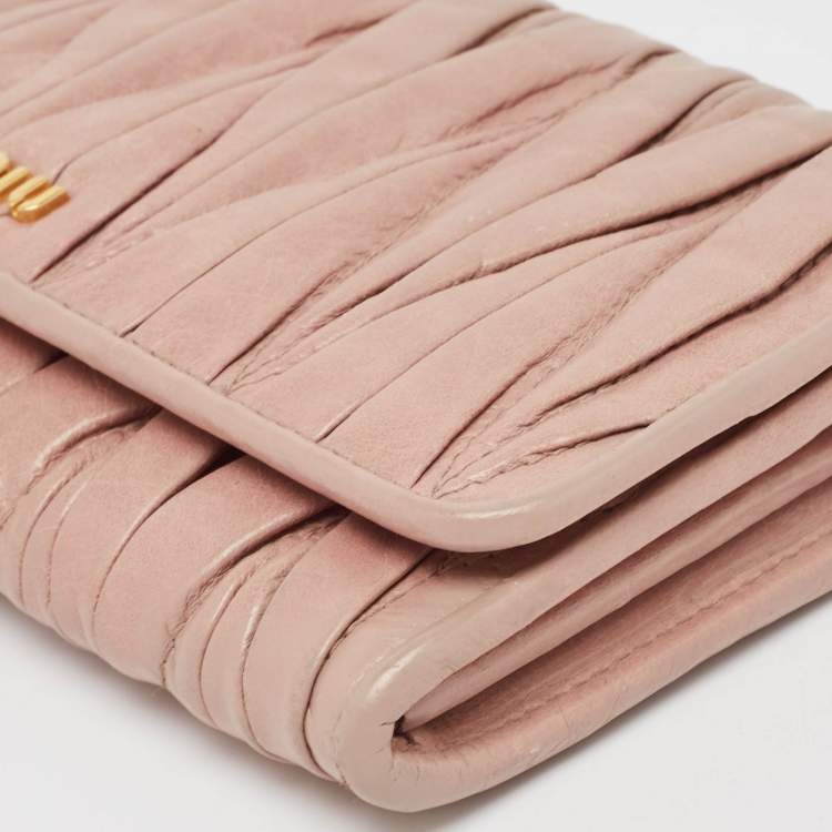 Pre Owned Miu Miu Light Pink Matelassé Leather Flap Continental Wallet