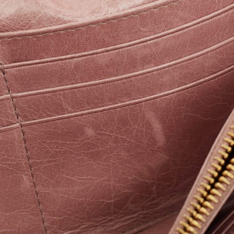 Pre Owned Miu Miu Light Pink Matelassé Leather Flap Continental Wallet