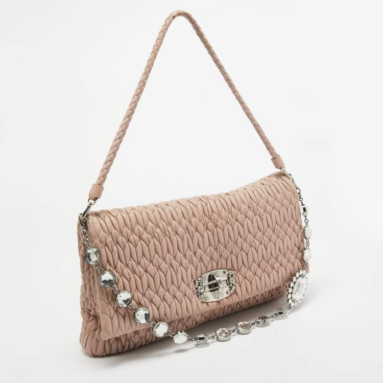 Pre Owned Miu Miu Light Pink Matelassé Leather Crystal Flap Shoulder Bag