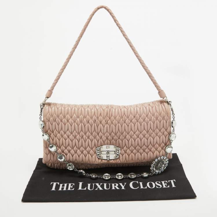Pre Owned Miu Miu Light Pink Matelassé Leather Crystal Flap Shoulder Bag
