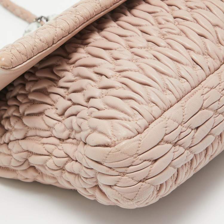Pre Owned Miu Miu Light Pink Matelassé Leather Crystal Flap Shoulder Bag