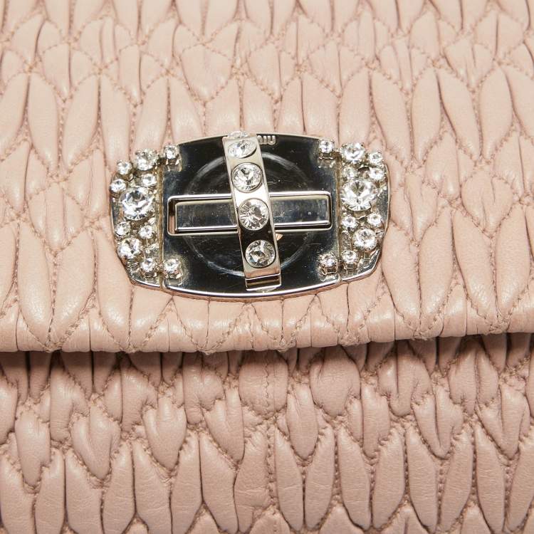 Pre Owned Miu Miu Light Pink Matelassé Leather Crystal Flap Shoulder Bag