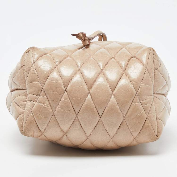 Pre Owned Miu Miu Beige Vitello Shine Leather Drawstring Bucket Bag