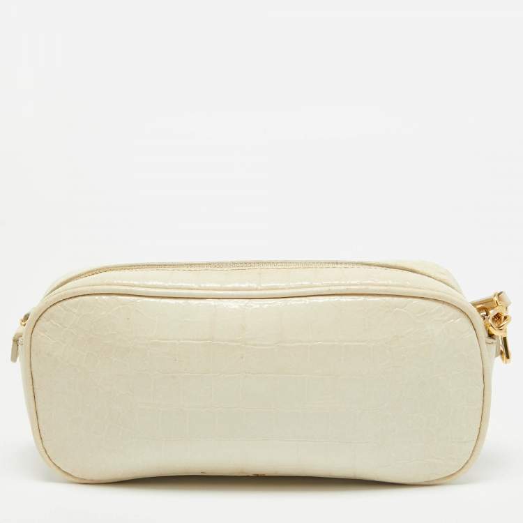 Pre Owned Miu Miu Off White Croc Embossed Patent Leather Camera Crossbody Bag