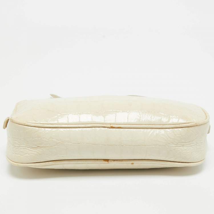 Pre Owned Miu Miu Off White Croc Embossed Patent Leather Camera Crossbody Bag