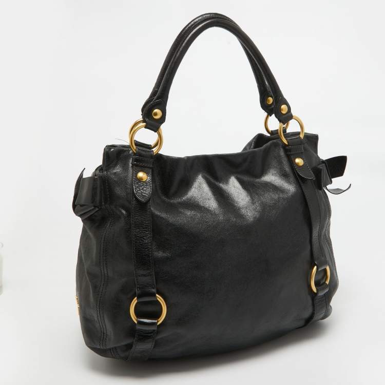 Pre Owned Miu Miu Black Leather Side Bow Hobo