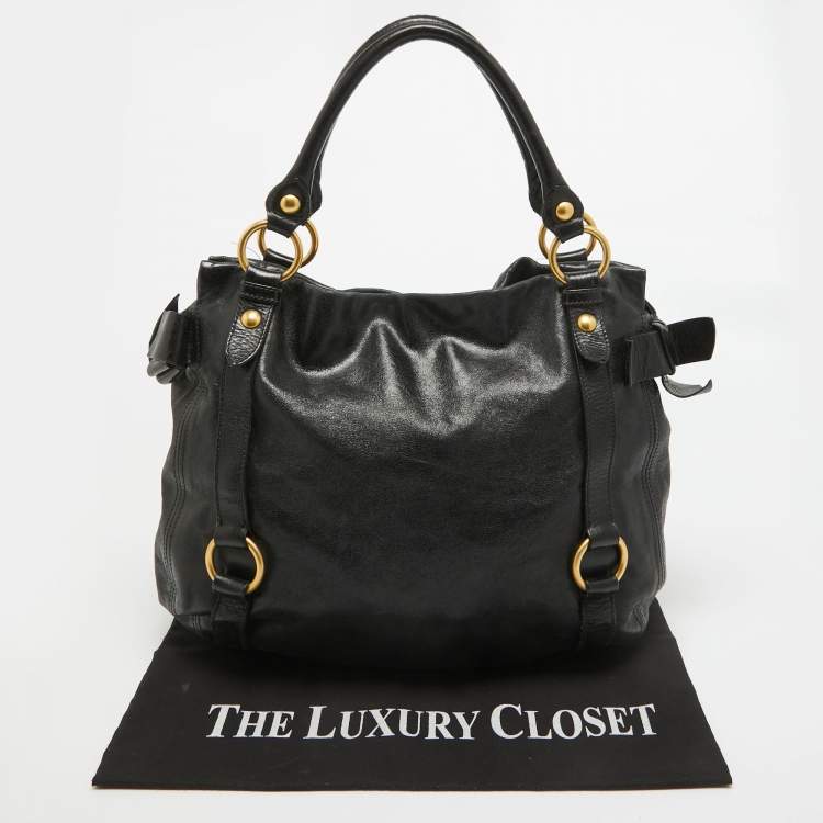 Pre Owned Miu Miu Black Leather Side Bow Hobo