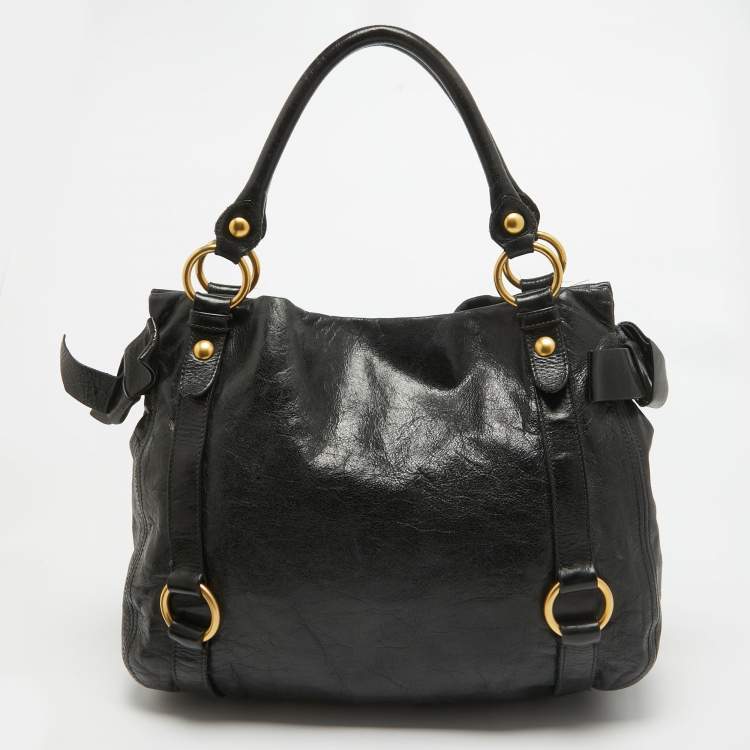Pre Owned Miu Miu Black Leather Side Bow Hobo
