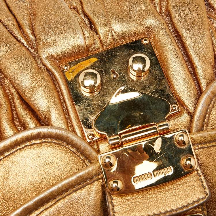 Pre Owned Miu Miu Gold Matelassé Leather Coffer Hobo