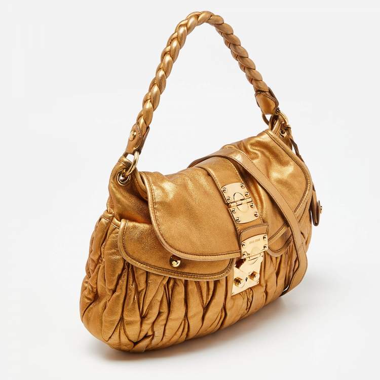 Pre Owned Miu Miu Gold Matelassé Leather Coffer Hobo