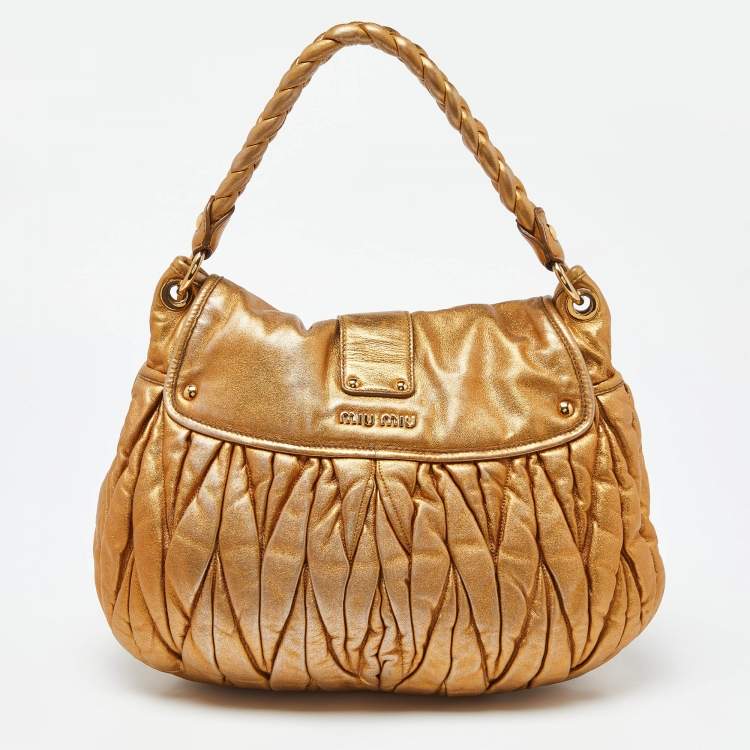Pre Owned Miu Miu Gold Matelassé Leather Coffer Hobo