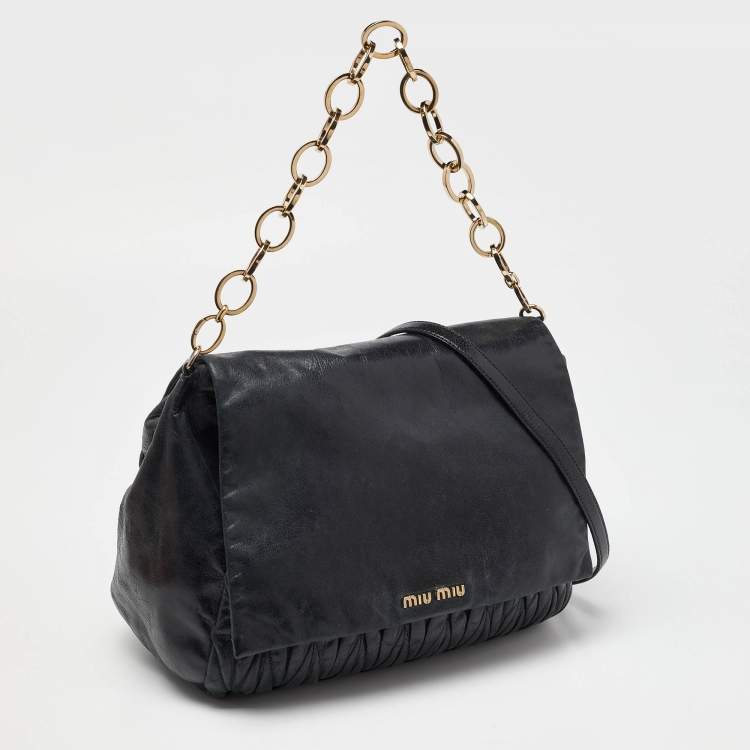 Pre Owned Miu Miu Black Matelassé Leather Flap Chain Shoulder Bag