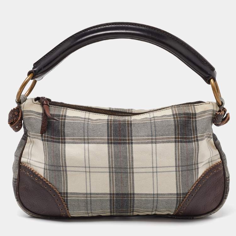 Pre Owned Miu Miu Grey/Brown Canvas and Leather Hobo