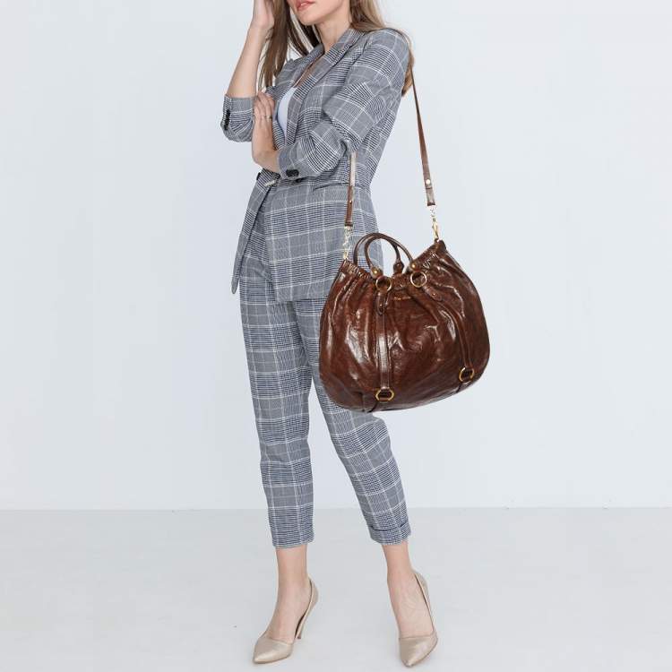 Pre Owned Miu Miu Brown Vitello Shine Leather Gathered Hobo