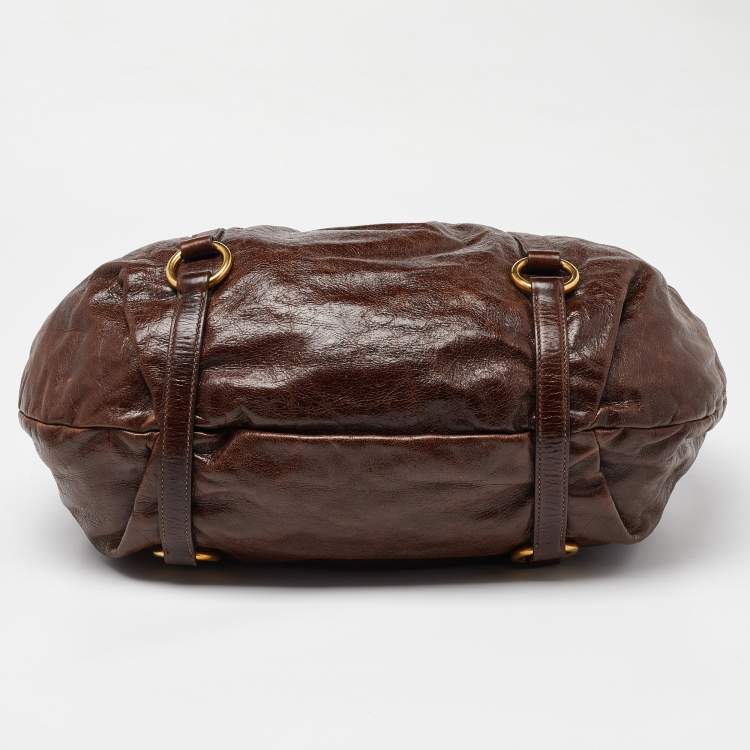 Pre Owned Miu Miu Brown Vitello Shine Leather Gathered Hobo