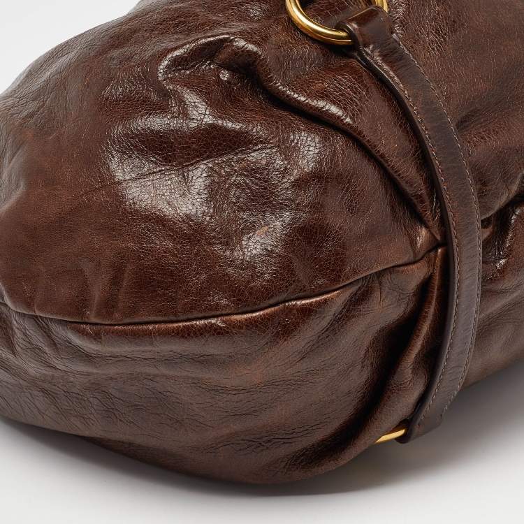 Pre Owned Miu Miu Brown Vitello Shine Leather Gathered Hobo