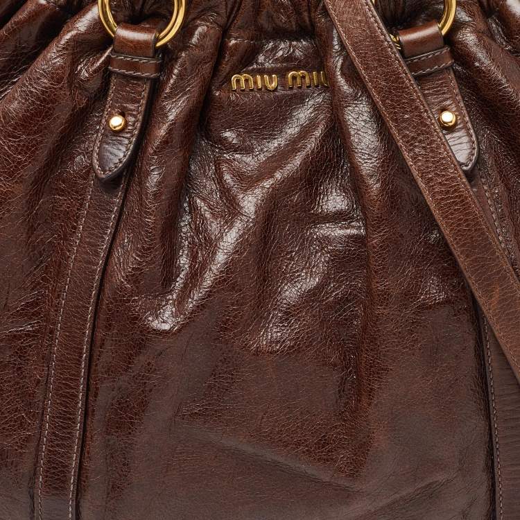 Pre Owned Miu Miu Brown Vitello Shine Leather Gathered Hobo