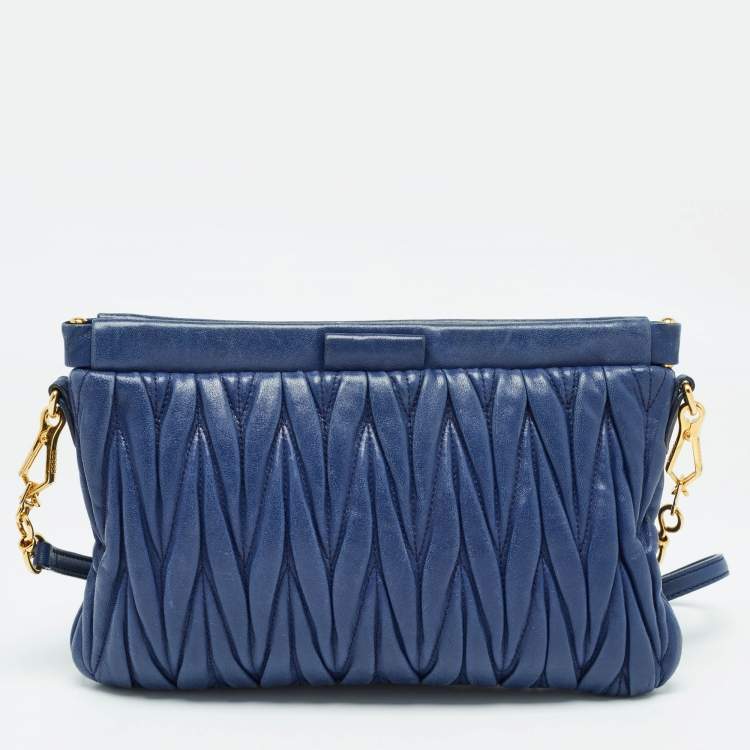 Pre Owned Miu Miu Blue Matelassé Leather Frame Clutch Bag