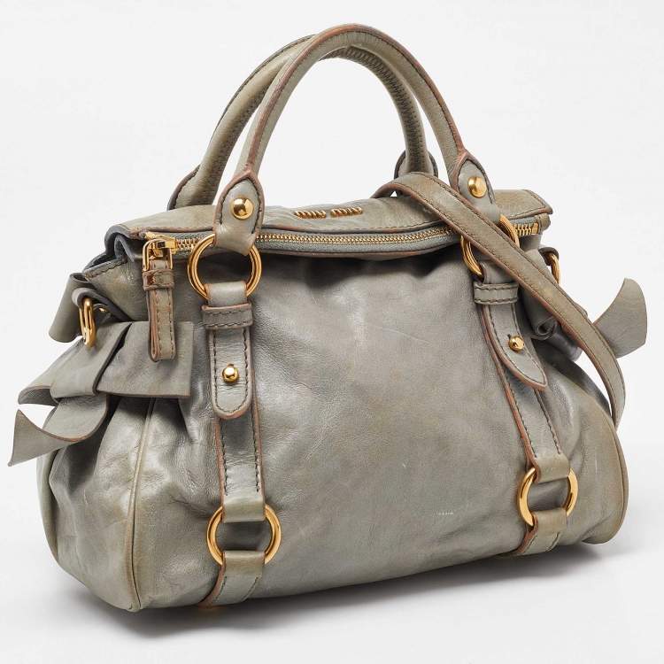 Pre Owned Miu Miu Grey Vitello Lux Leather Small Bow Satchel