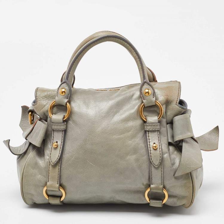 Pre Owned Miu Miu Grey Vitello Lux Leather Small Bow Satchel