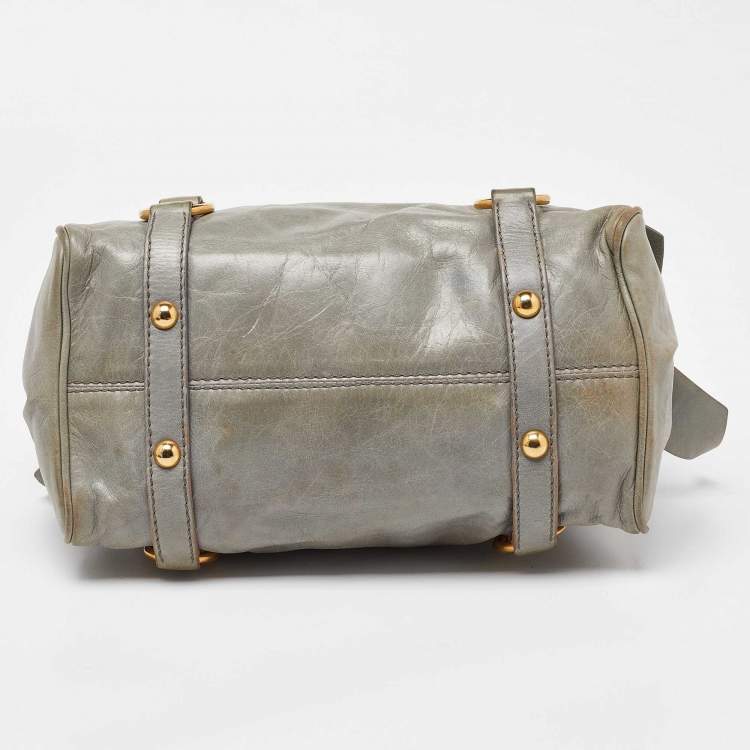 Pre Owned Miu Miu Grey Vitello Lux Leather Small Bow Satchel